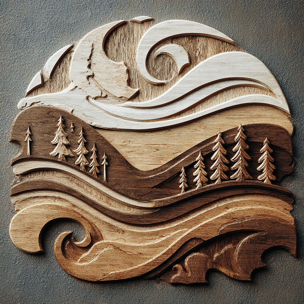 Dynamic wood art of a fox with abstract textures.