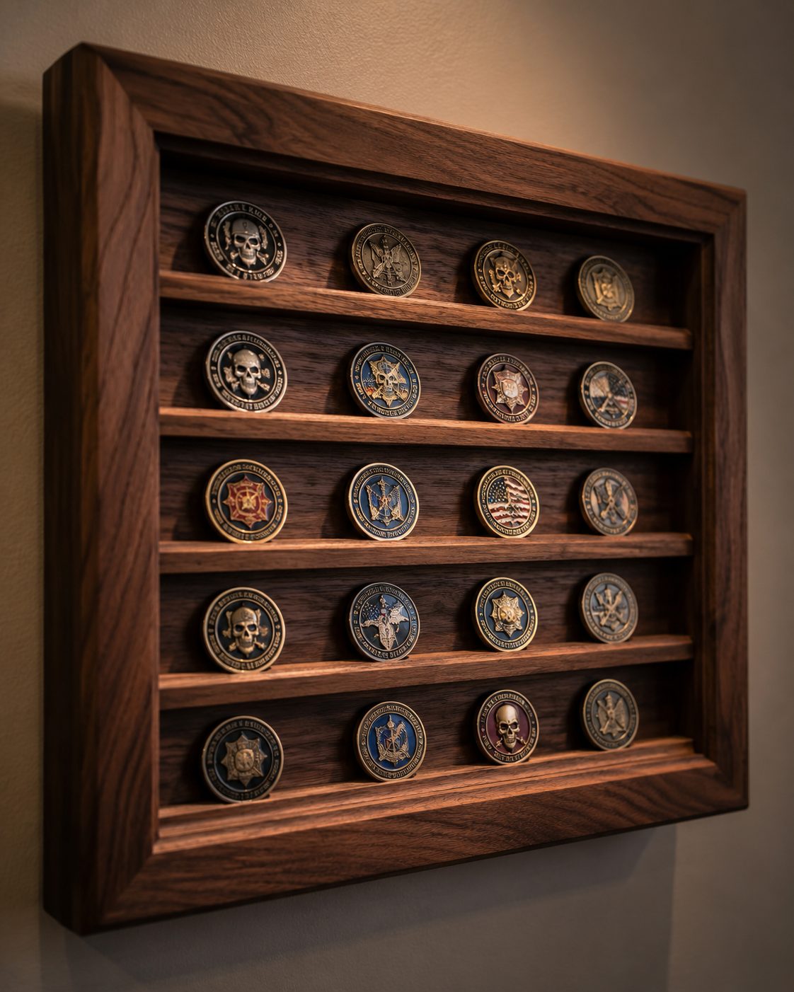 Wall-mounted walnut challenge coin display case with five rows holding twenty coins