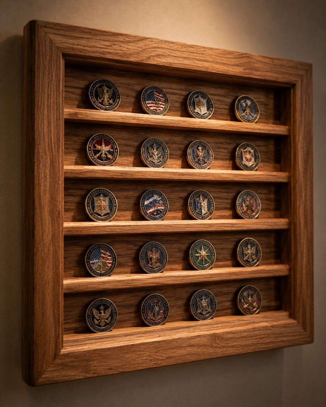 Wall-mounted oak challenge coin display case with rows of military and department coins