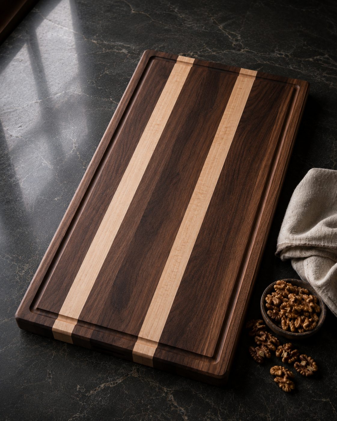 Walnut and maple striped edge grain cutting board with juice groove on a dark countertop