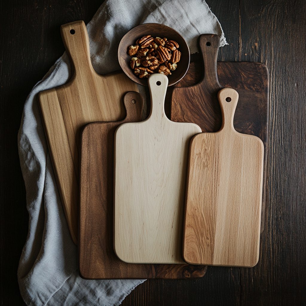 Assortment of handmade wood cutting boards in walnut, maple, and cherry with paddle handles