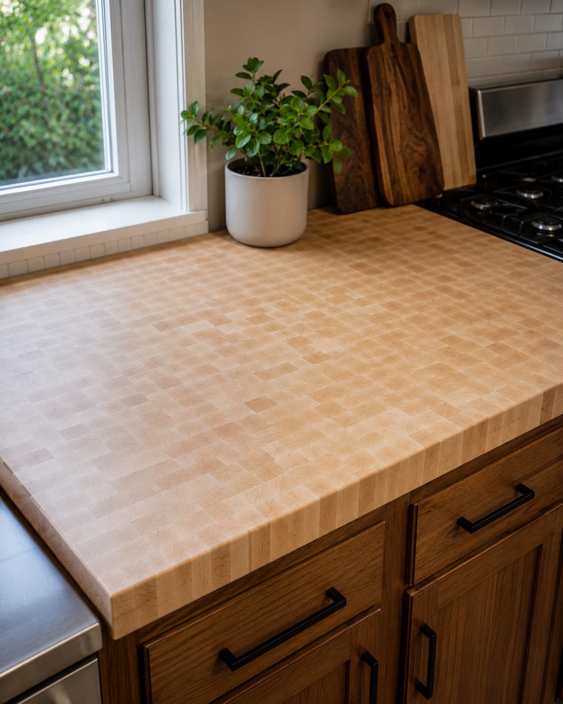 True end grain maple butcher block countertop installed in a kitchen, checkerboard mosaic grain pattern