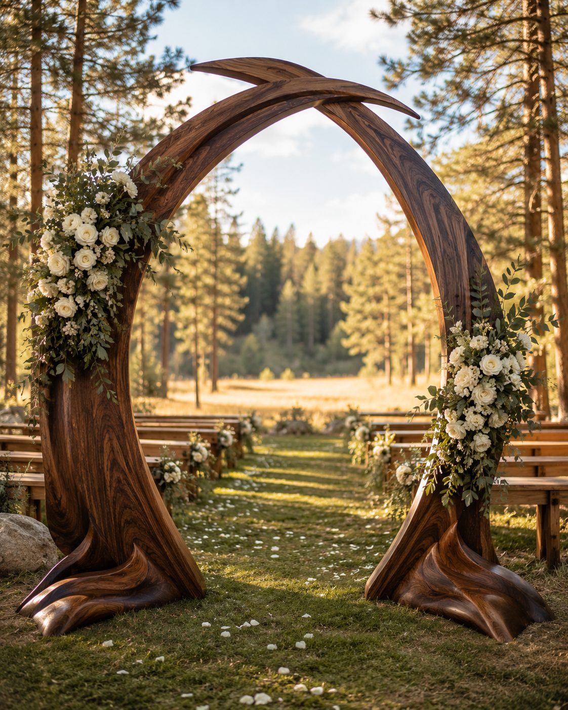 Concept rendering of a hand-carved walnut ceremony arch with two sweeping asymmetrical crescents overlapping at the peak, set at an outdoor forest wedding altar