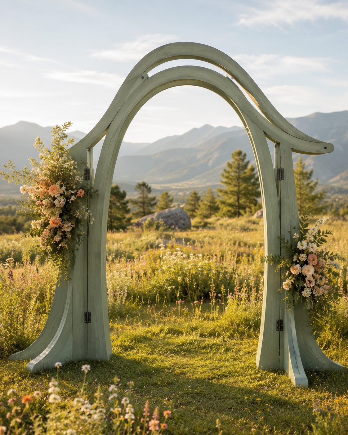 Concept rendering of the same ceremony arch design finished in sage green milk paint over pine, set in a sun-drenched mountain meadow