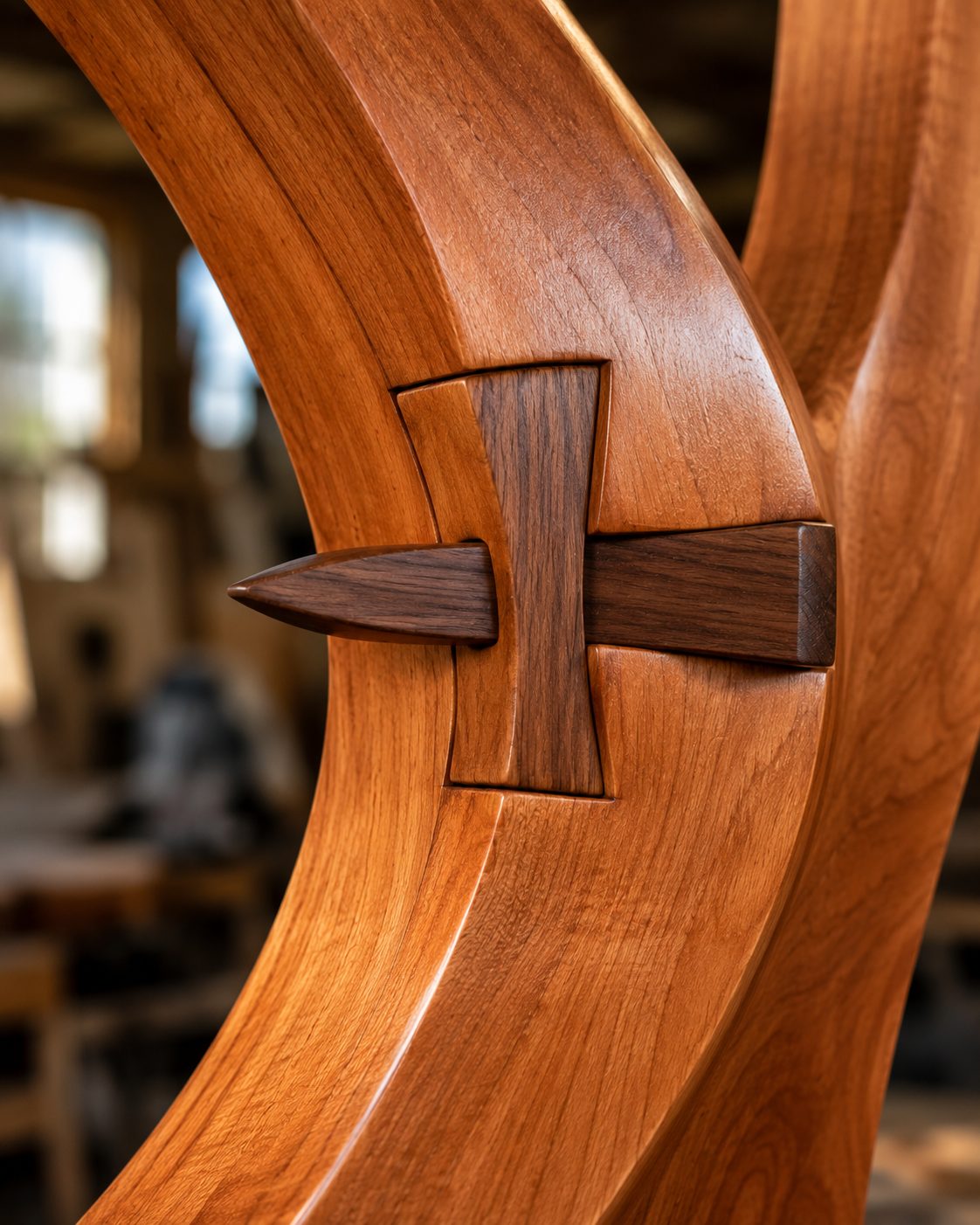 Concept rendering of an exposed wedged structural wood key joint locking two curved hardwood arch segments together