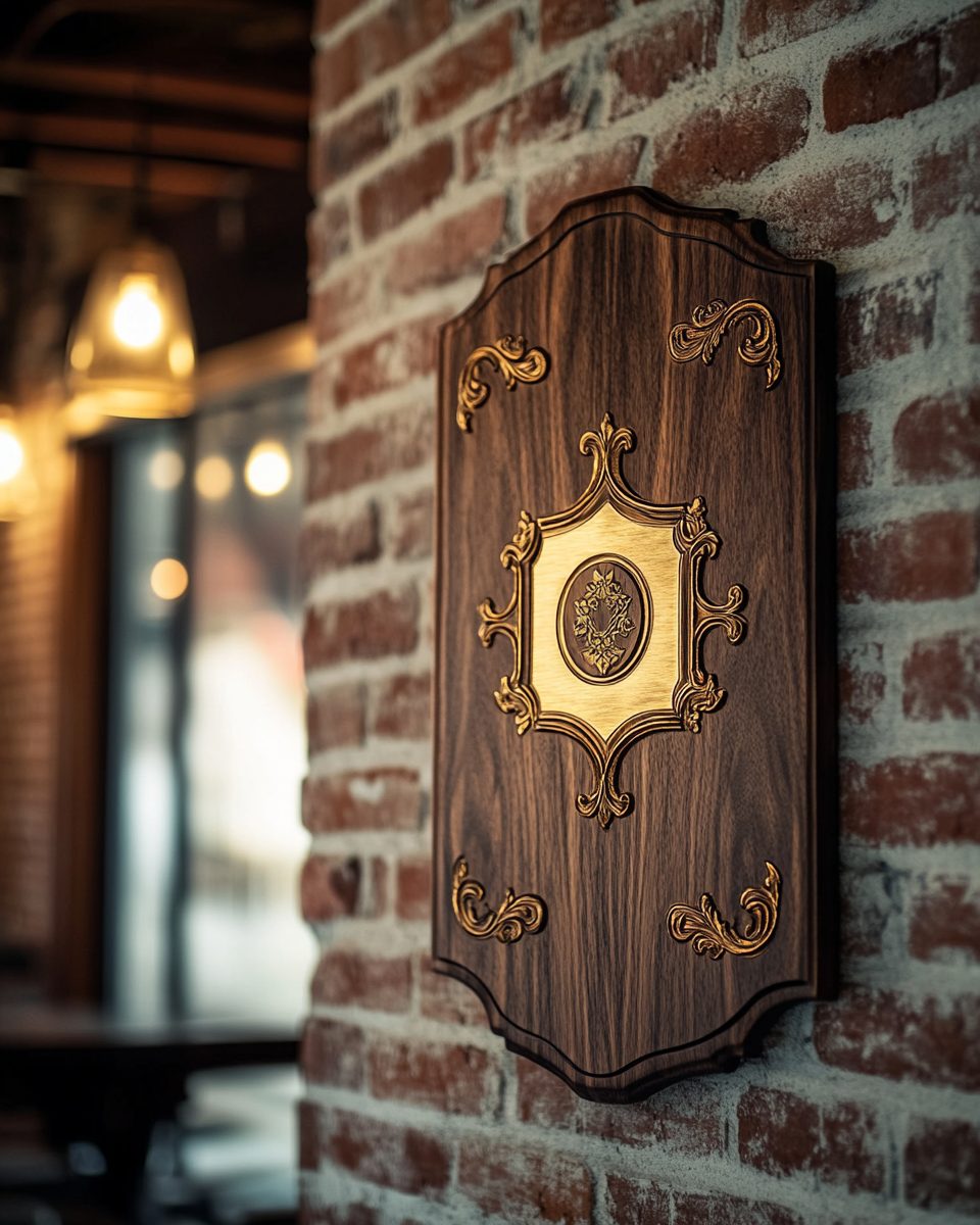 Ornate carved wood and brass family crest plaque mounted on a brick wall